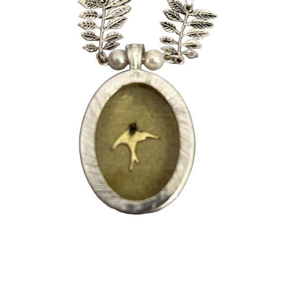 Double Slivertone Chain w/ Leaf & Faux Pearl & Gold/Yellow Pendant & Silver Bird - Picture 9 of 15